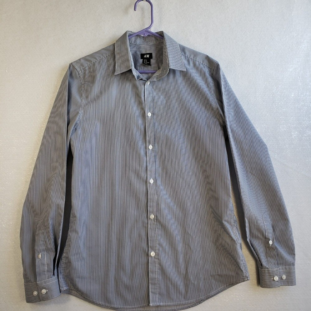 H&M Mens Shirt Button Up Long Sleeve Medium White/Blue Pin Stripes Easy Iron